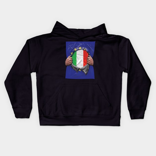 Italy Flag European Union Flag Ripped Open - Gift for Italian From Italy Kids Hoodie by Country Flags